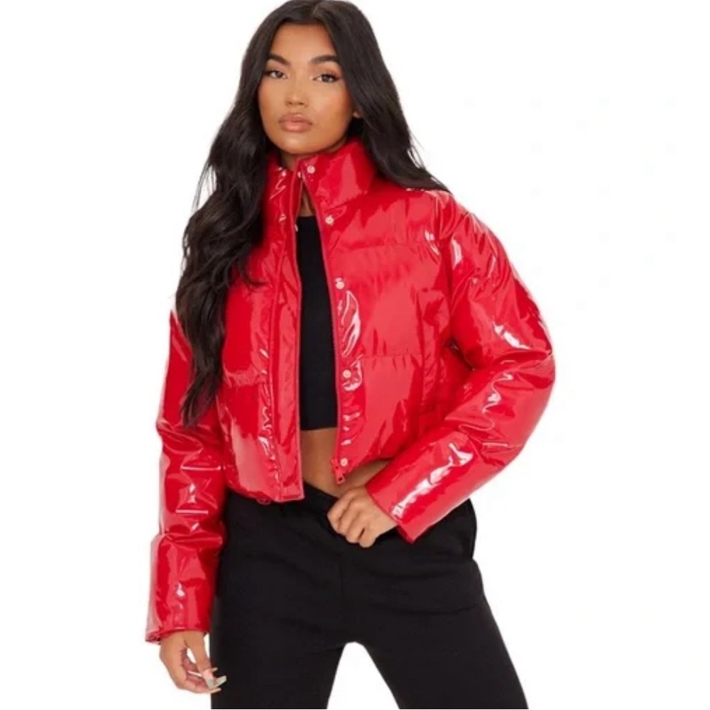 NWT Pretty Little Thing Red Vinyl Bubble Puffer Jacket